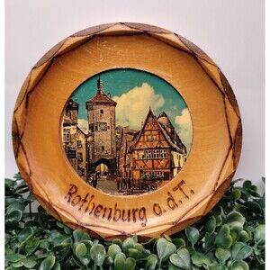 Rothenburg O D T Germany Plate Carved Painted Wood Mid Century MCM Barvaria Tags